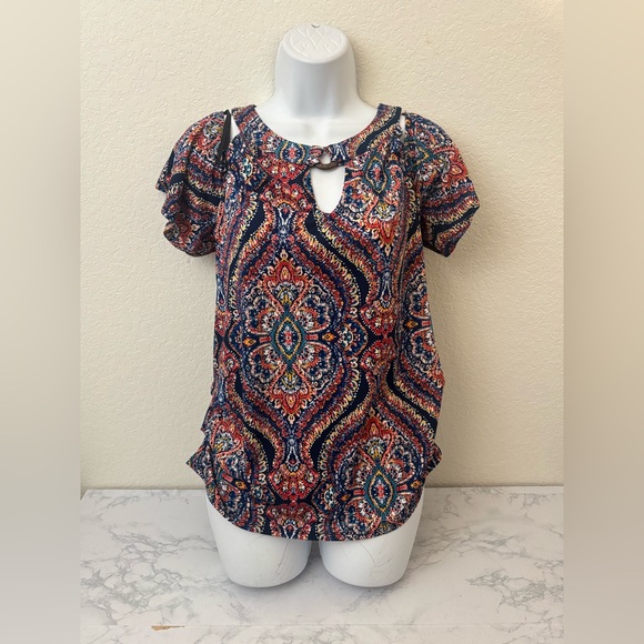 Luxology Tops - luxology blouse Women’s Sz S Paisley Short Sleeve Cold Shoulder Top Keyhole